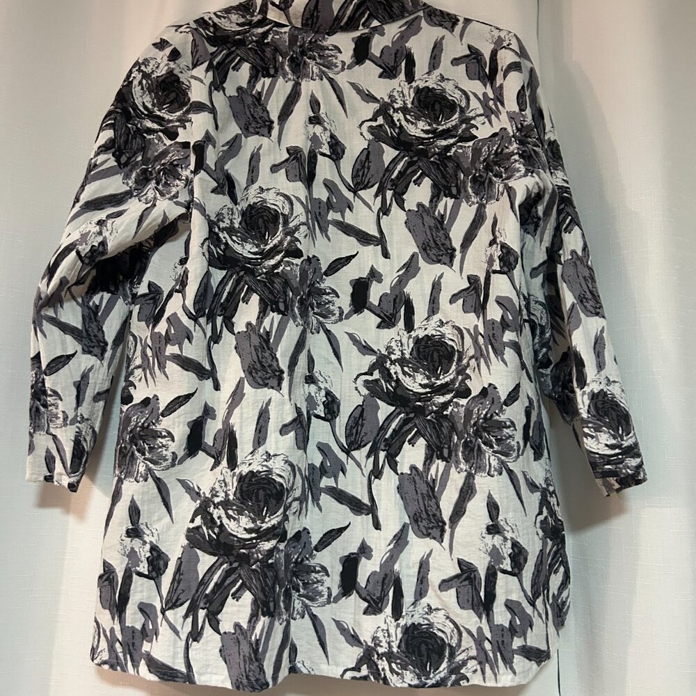 Habitat black & white floral blouse button up womens M Tunic Linen blend boho - Picture 6 of 9